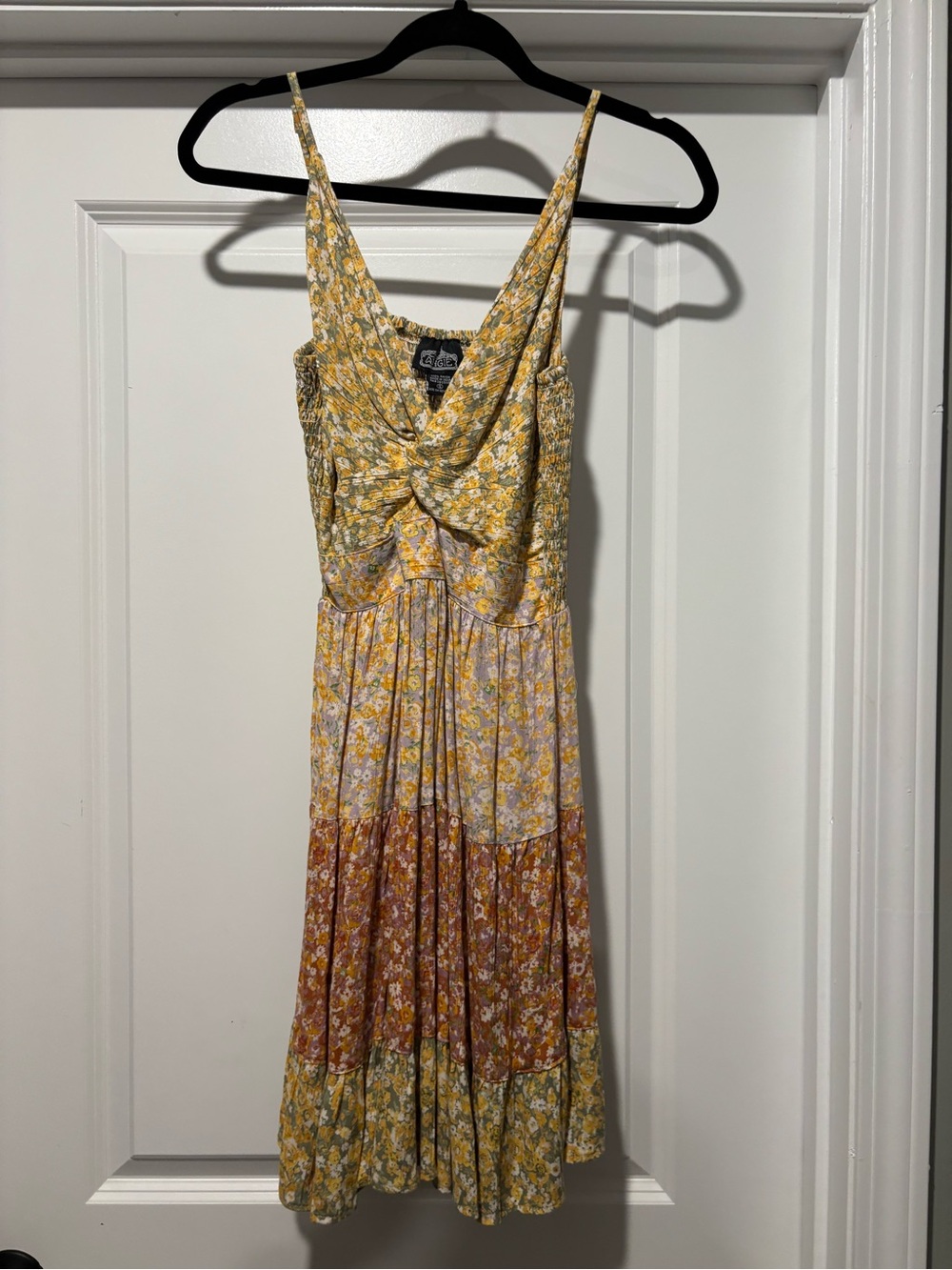 Angie Boho Cottage Floral Smocked Twist Front Short Dress Bright Colors Size S